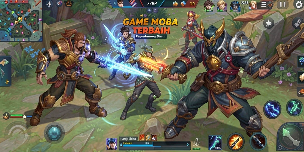 Screenshot dari gameplay seru 77RP dalam pertempuran MOBA.