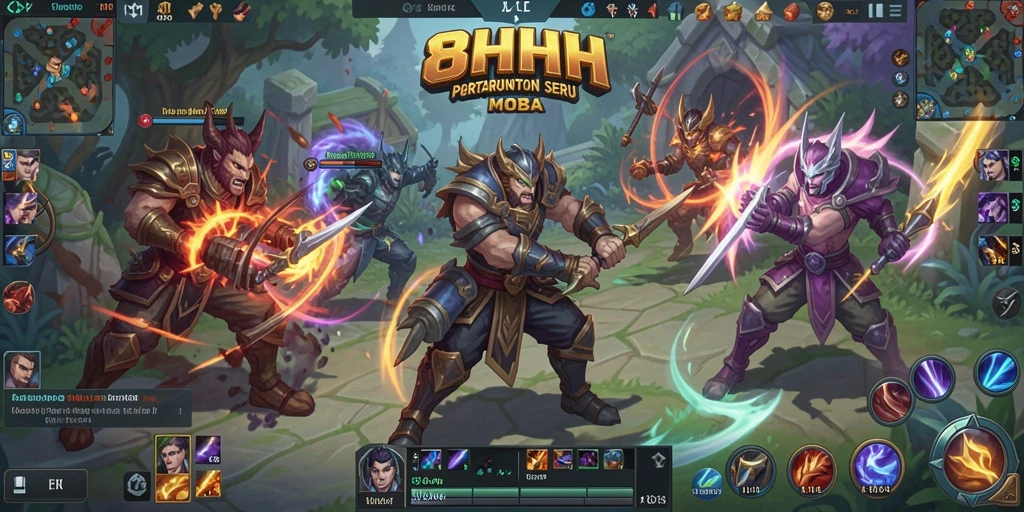 Screenshot gameplay 8HHH menampilkan aksi MOBA yang seru.