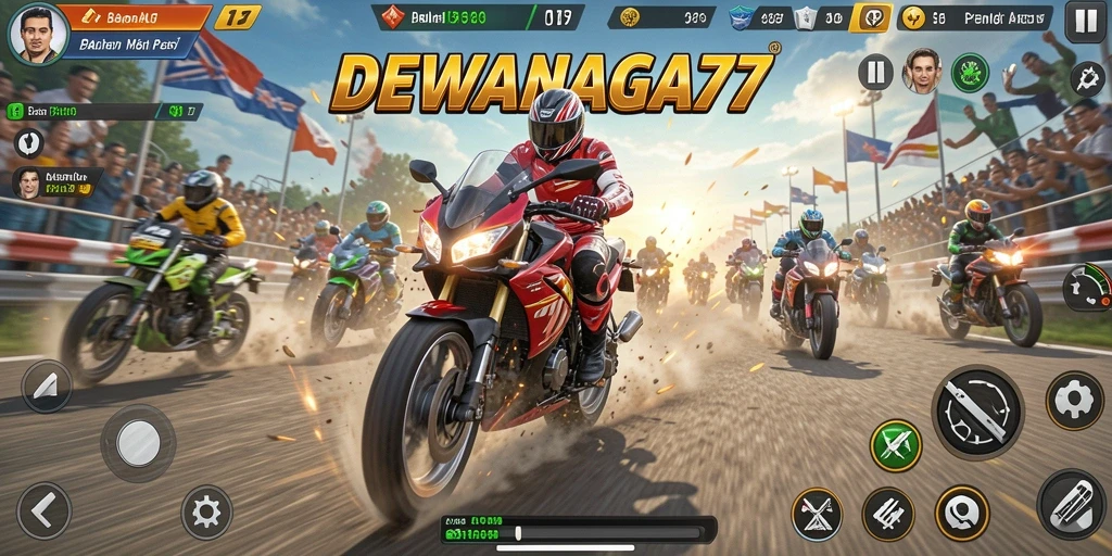 Screenshot dari gameplay balapan motor yang mendebarkan di DEWANAGA77.