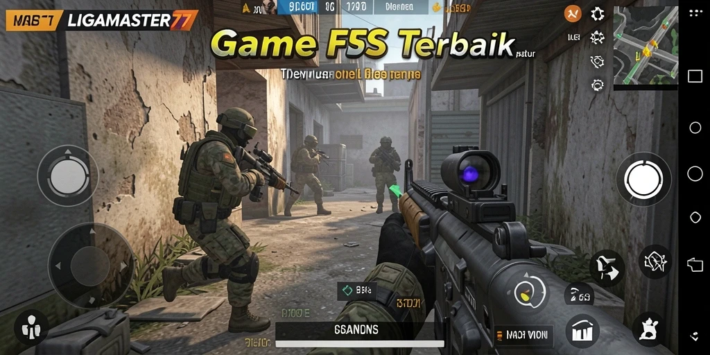 Tangkapan layar gameplay LIGAMASTER77 menampilkan pertarungan intens di peta yang realistis.
