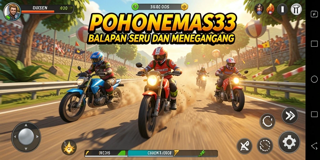Screenshot utama POHONEMAS33 menampilkan aksi balapan yang mendebarkan.