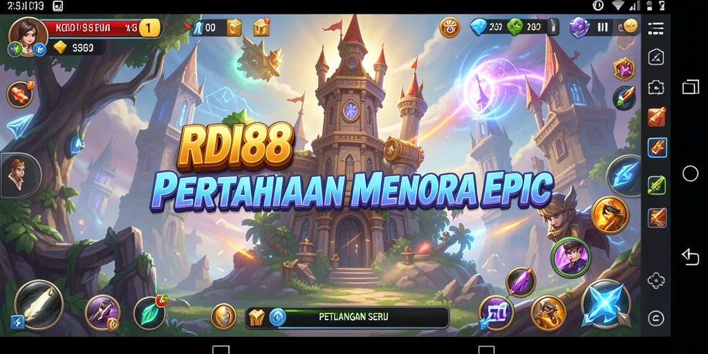 Screenshot gameplay RDI88 menampilkan pertahanan menara yang strategis.